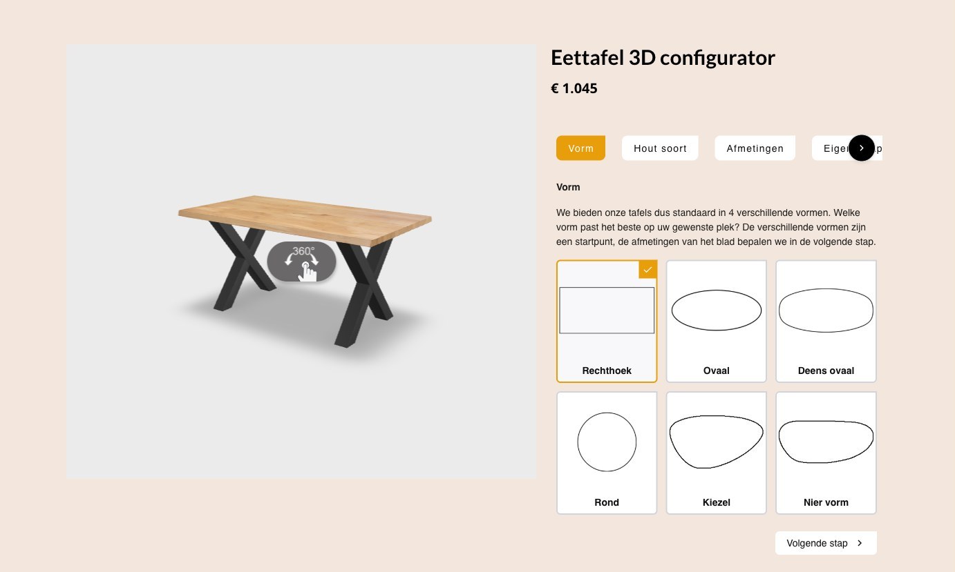 De 3D-configurator: stel vorm, houtsoort en afmetingen van je tafel samen