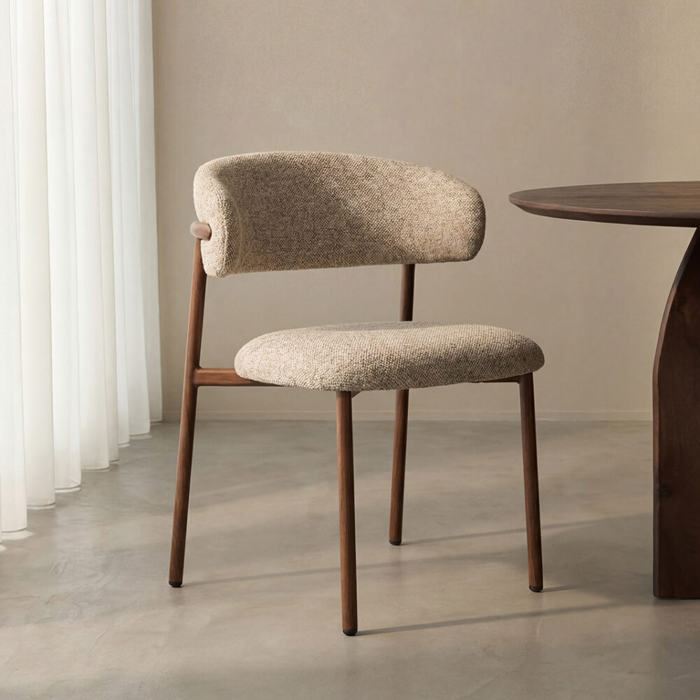 LABEL51 Eetkamerstoelen Kaito - Beige - Geweven - Walnoot Houten Frame