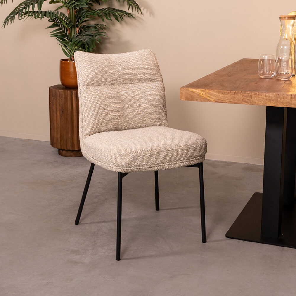 LABEL51 Eetkamerstoelen Lennon - Naturel - Boucle - Zwart Metalen Frame