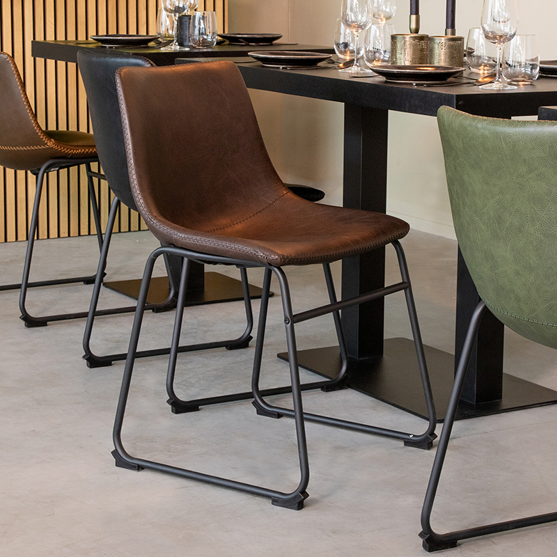 LABEL51 Eetkamerstoelen Risto - Bruin - Kunstleder - Zwart Metalen Frame