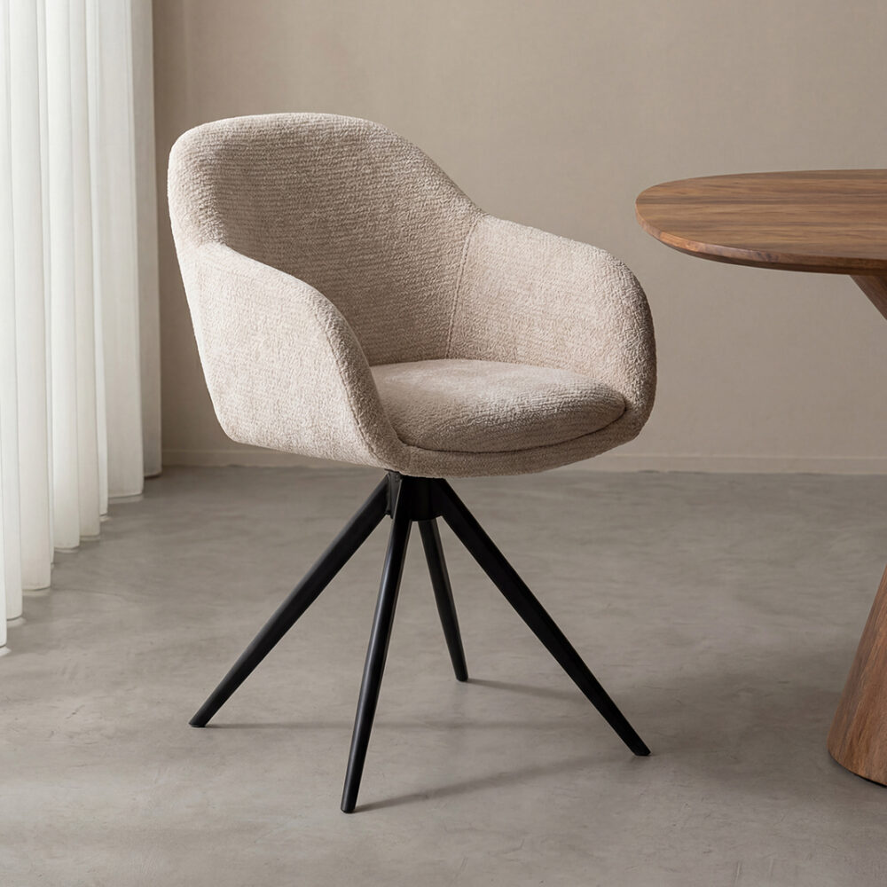 LABEL51 Eetkamerstoelen Fiby - Naturel - Chenille - Zwart Metalen Frame