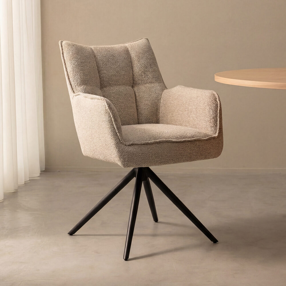 LABEL51 Eetkamerstoelen Amalfi - Naturel - Boucle - Zwart Metalen Frame