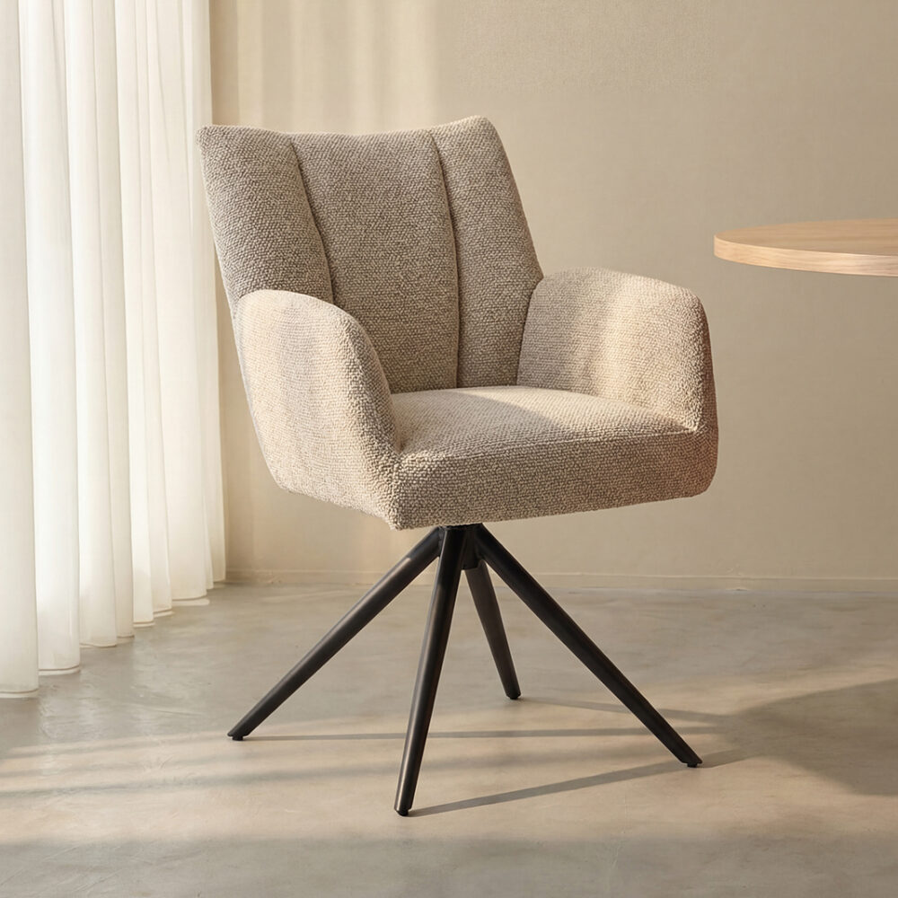 LABEL51 Eetkamerstoelen Padua - Naturel - Boucle - Zwart Metalen Frame